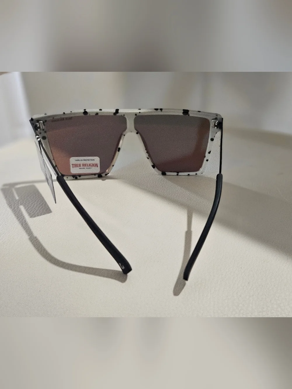 True Religion Shield Sunglasses Blue Mirrored Lens Black White Speckle UV400